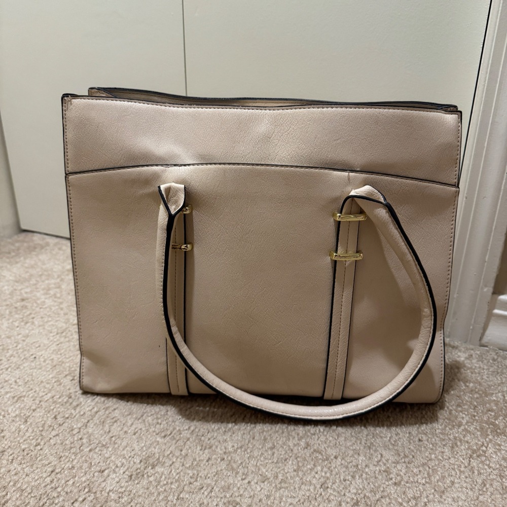 Cream Beige Structured Professional Tote Bag Gold Hardware Black Trim Work Bag
